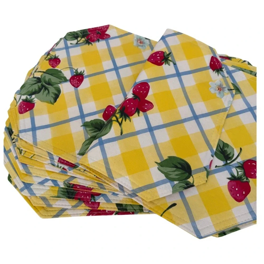Vinyl Placemats‎ Yellow Gingham Strawberry Print Set of 10 Cottage Core Boho